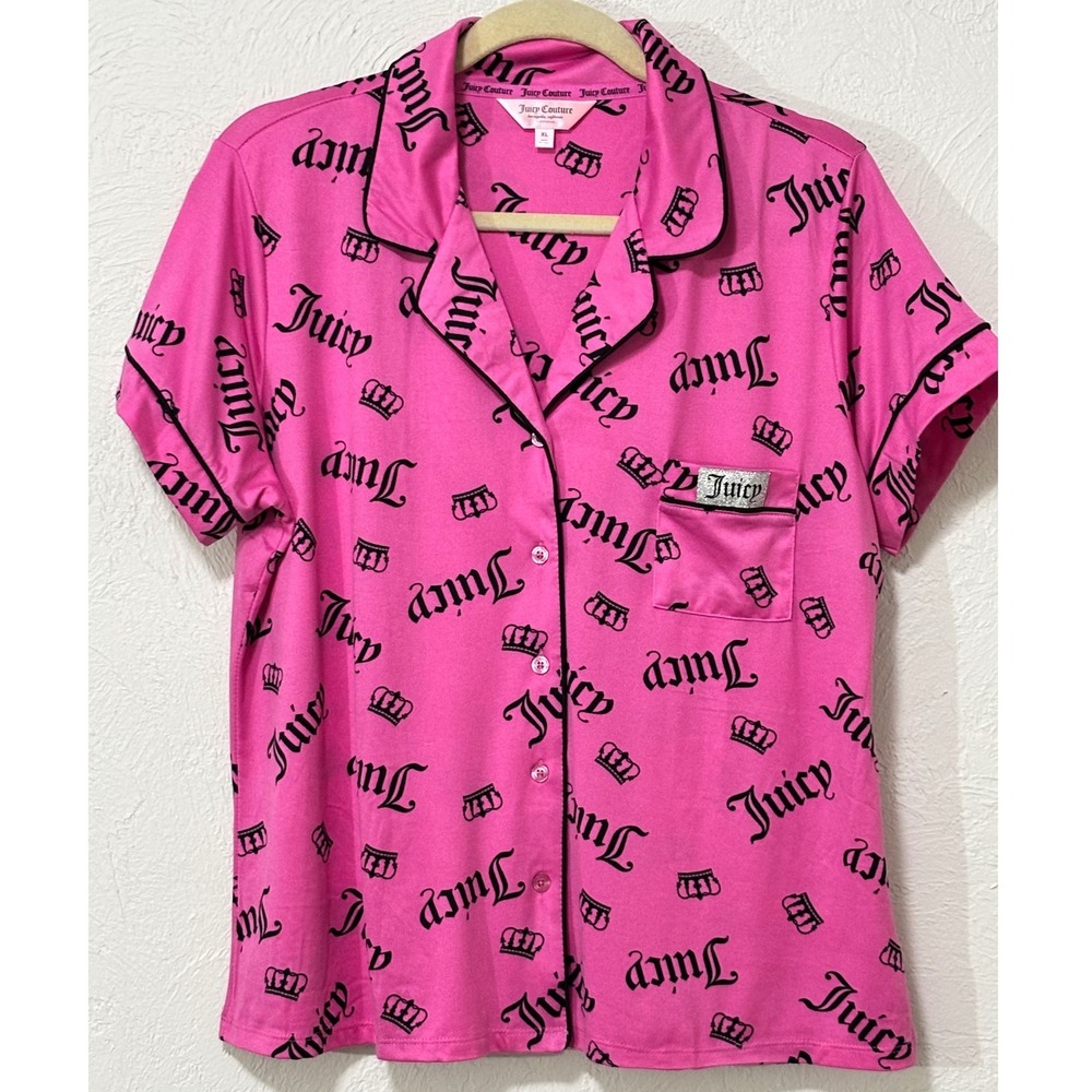 Juicy Couture Pajama Set Women XL Pink Gothic Logo Crown Short Sleeve Pants NWOT